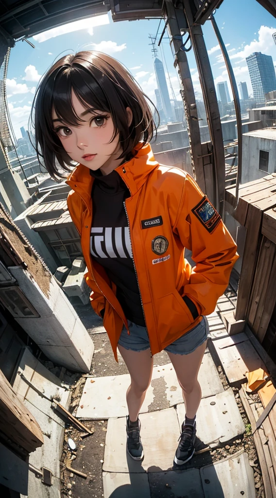 ((8k wallpaper of extremely detailed CG unit, ​masterpiece, hight resolution, top-quality)), (Beautuful Women, Plump lips, Hands in pockets:1.5, Grunge Fashion, wearing an orange blouson:1.2, Wearing micro mini shorts:1.2, Wearing sneakers:1.1), ((extra detailed face, Highly detailed black eyes, extra detailed body, Top quality real texture skins)), (A dark-haired, hair messy, de pele branca, Exposed belly), (Inside an abandoned building, Beautiful blue sky, suns), (high-angle:1.1, Fisheye:1.3), hyper realisitic, digitial painting,