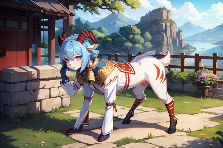 outside, goat, daylight, horns, blue hair, detached sleeves, bell, animal, ganyu, four legs, black horns with red stripes, sleeves, pants