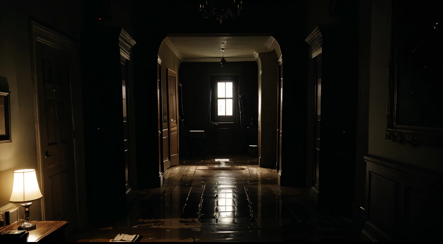 Room with a dark atmosphere, broken piano in the center of the room, dark and macabre mansion style environment from Resident Evil and alone in the dark. Dark, night-time atmosphere, sinister Outlast and Resident Evil style horror location. No characters in the scene. Pictures on the walls, broken TV.