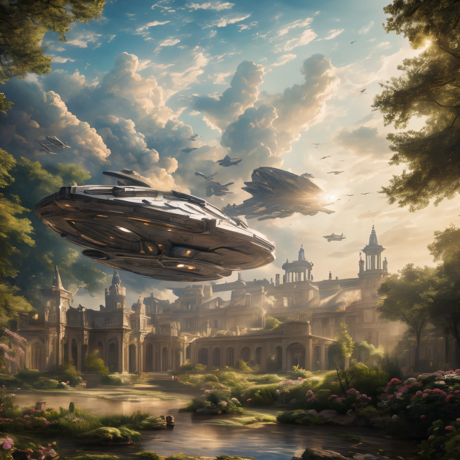 super high quality, 8k, RAW photo, realistic, detailed and delicate depiction and flashy and dynamic painting method, (a huge spaceship lands:1.1), In the garden of a medieval aristocratic mansion, tremendous winds, and billowing dust