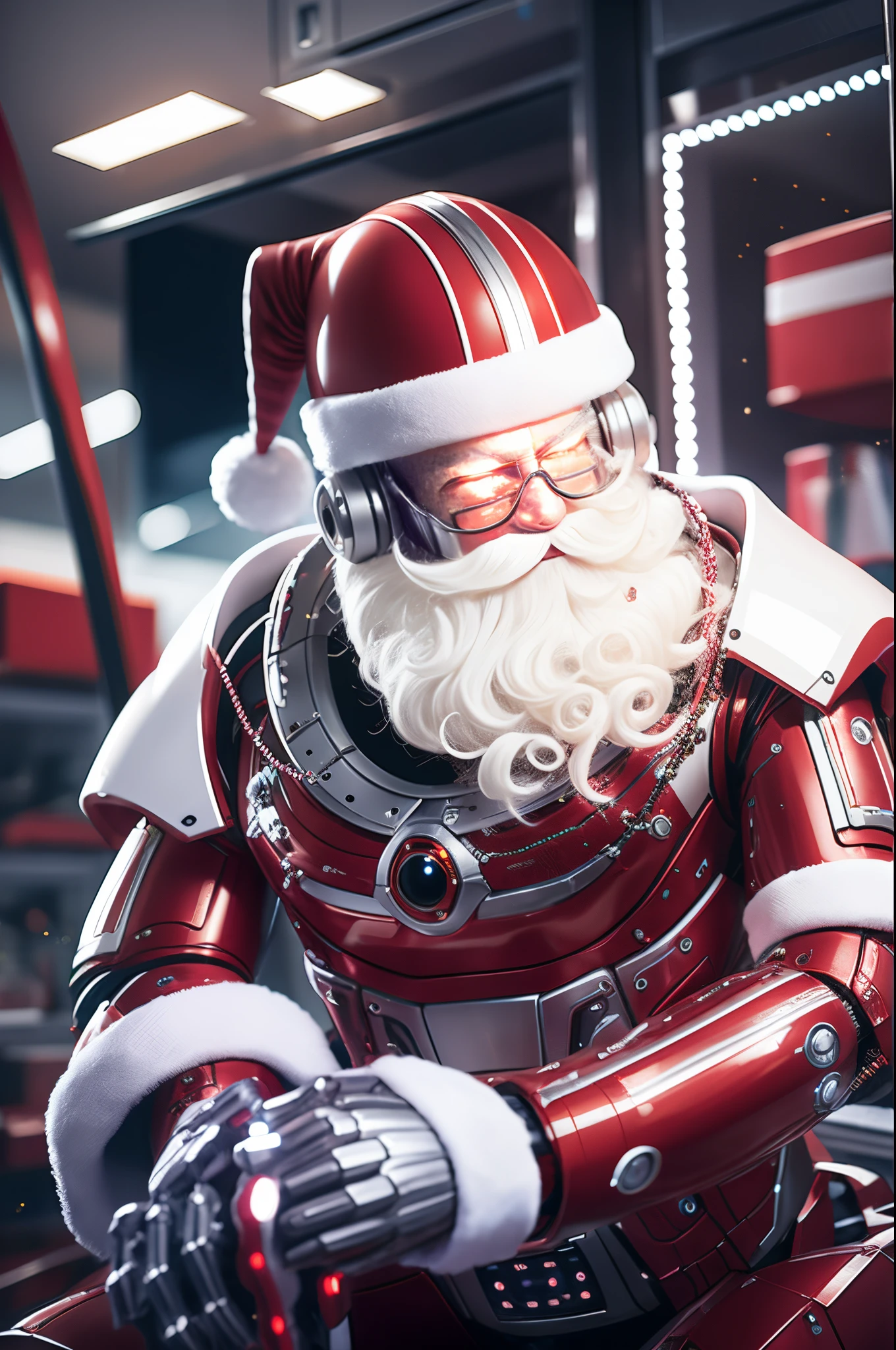 Robot Santa, Futuristic mechanical design,Combining elements of traditional Santa Claus with advanced technology. The robot may have a sleek metal body, Illuminated LED light, and a robotic arm that can efficiently distribute gifts.. It could have a digital display on its face,Imitate Santa's expression of joy and kindness. The scene can be set in a high-tech workshop full of automated machinery and conveyor belts, Robot Santa is busy preparing and sorting gifts for delivery. This futuristic twist on the traditional Santa Claus blends the magic of Christmas with the innovations of modern technology.