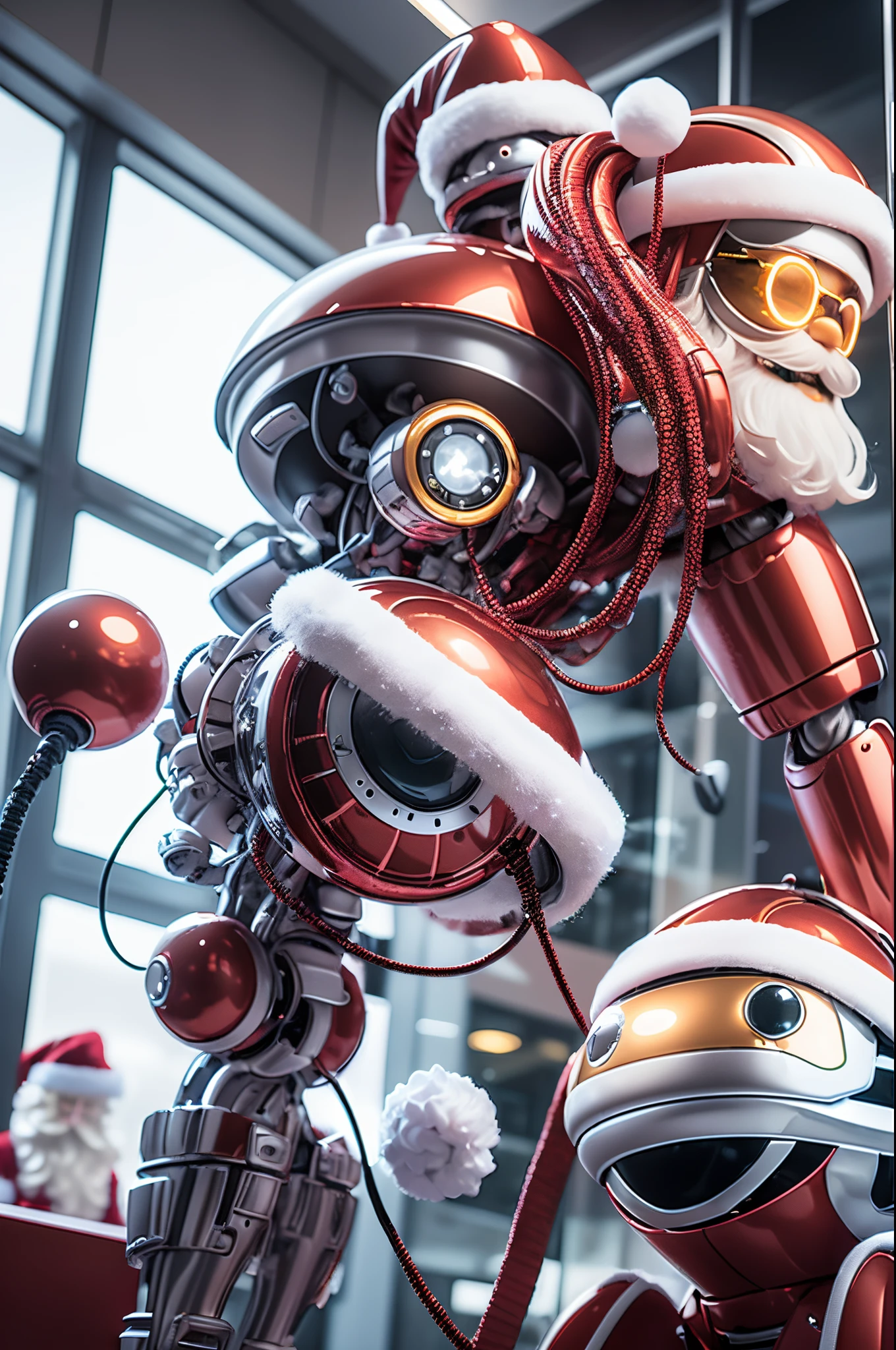 Robot Santa, Futuristic mechanical design,Combining elements of traditional Santa Claus with advanced technology. The robot may have a sleek metal body, Illuminated LED light, and a robotic arm that can efficiently distribute gifts.. It could have a digital display on its face,Imitate Santa's expression of joy and kindness. The scene can be set in a high-tech workshop full of automated machinery and conveyor belts, Robot Santa is busy preparing and sorting gifts for delivery. This futuristic twist on the traditional Santa Claus blends the magic of Christmas with the innovations of modern technology.