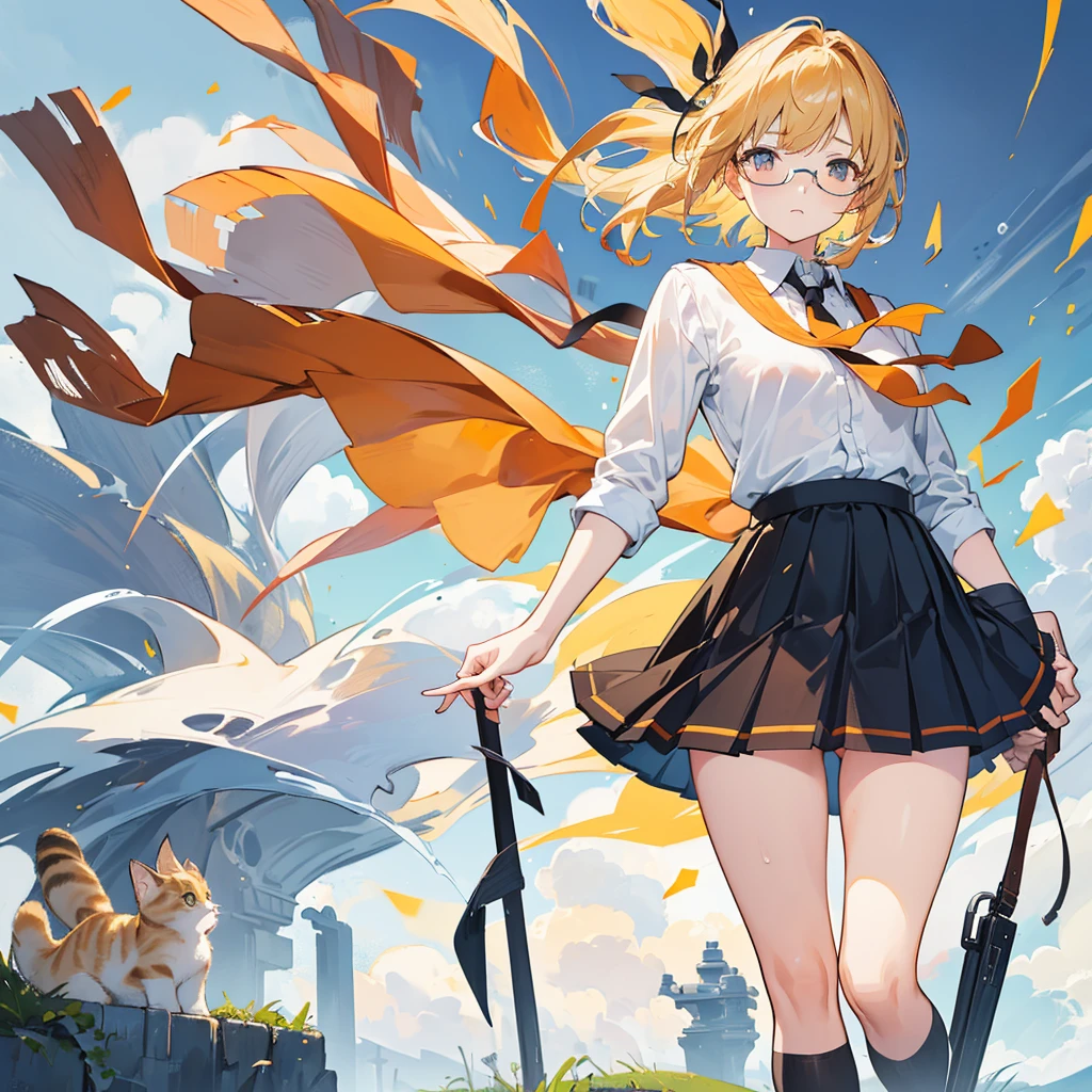 1girl in, Solo, Soft lighting, Fast execution, Blonde hair, Orange Eyes, Surprised look, (Wide open eyes), Hair Ribbon, Short hair, Brown hair, School uniform, neck tie, Belt bag, Glasses, garden, (A strong wind tears her skirt, showing underwear:1.4), (hold her skirt with her hand:1.5), (high wind effects:1.3), Camera angle looking up from below, (Pet Kittens:1.2)