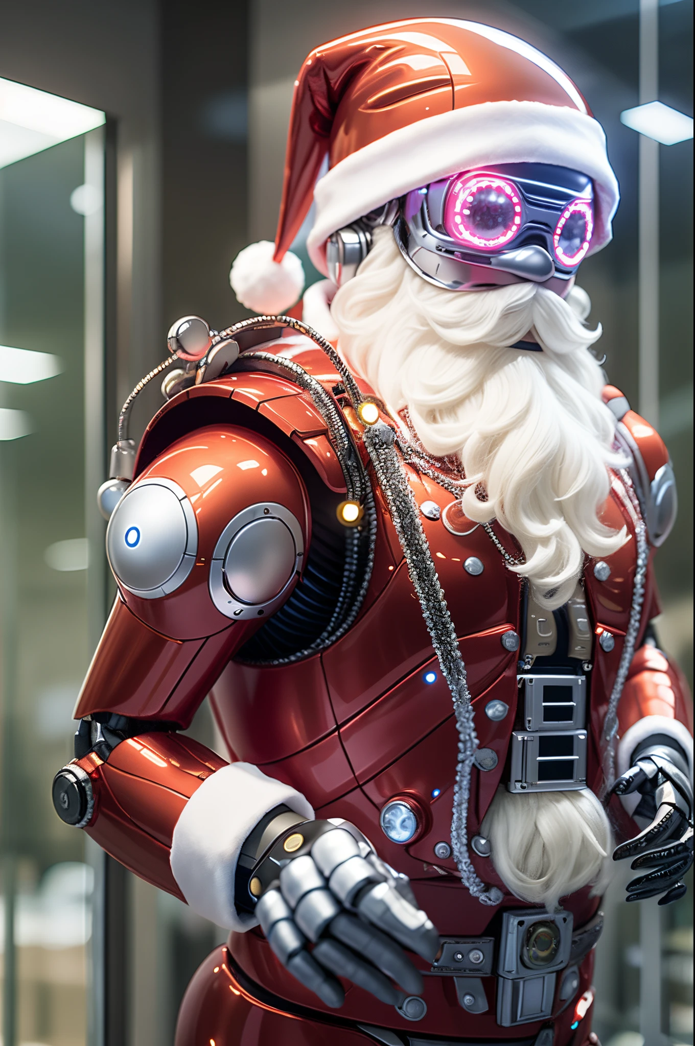 Robot Santa, Futuristic mechanical design，Combining elements of traditional Santa Claus with advanced technology. The robot may have a sleek metal body, Illuminated LED light, and a robotic arm that can efficiently distribute gifts.. It could have a digital display on its face，Imitate Santa&#39;s expression of joy and kindness. The scene can be set in a high-tech workshop full of automated machinery and conveyor belts, Robot Santa is busy preparing and sorting gifts for delivery. This futuristic twist on the traditional Santa Claus blends the magic of Christmas with the innovations of modern technology.