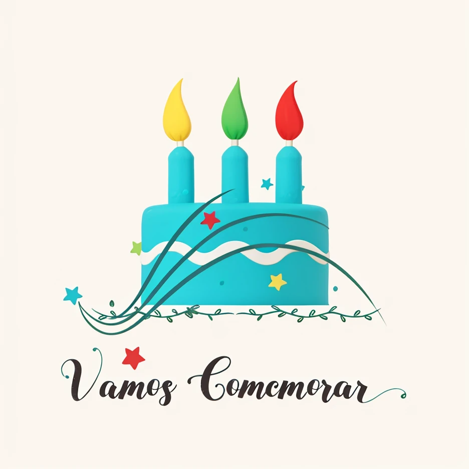 Logo of a birthday cake with three candles, nas chamas em amarelo, verde e vermelho. renderizado e vetorizado. Alto contraste, arte digital, alta resolução, detalhada nas Letras em branco e com plano de fundo em preto