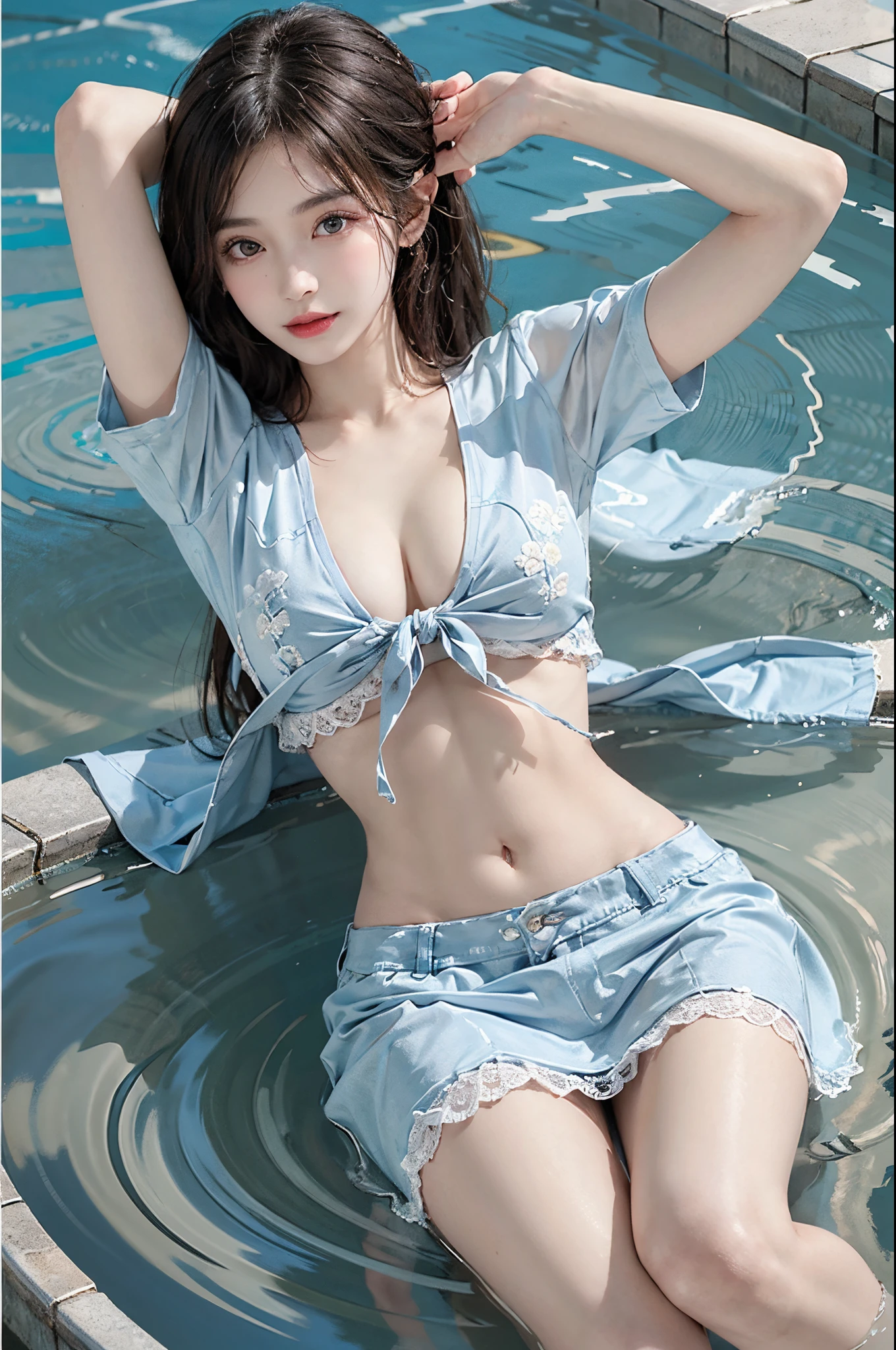 Special clothes44,lace trim,midriff,shirt,miniskirt, red lips,mature female,makeup, makeup, ((realistic)), ((reality: 1.5)), ((cowboy shot)), (best quality, masterpiece:1.2), ultra-detailed, (realistic:1.37), beautiful, youthful, glamorous model with (detailed eyes, detailed lips, extremely detailed eyes), with white and floral colors, showcasing a radiant smile, slender figure, long legs, creating a breathtaking depiction of a girl enjoying the water, wet clothes and hair, radiant sunlight, Elegant pose, random pose, random Angle of view, Splashing in the pool