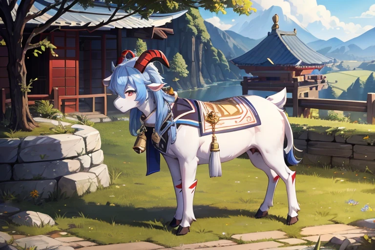 outside, goat, daylight, horns, blue hair, detached sleeves, bell, animal, ganyu, four legs, black horns with red stripes, sleeves, pants