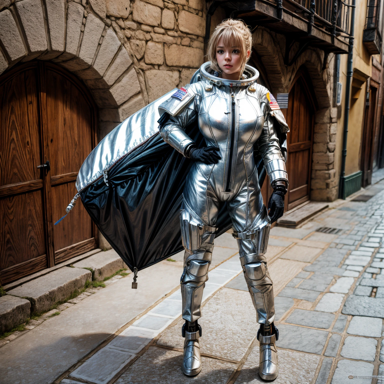 A female astronaut in a spacesuit stands in a medieval townscape, bimbo style, daylight, full body shot, giga_busty
