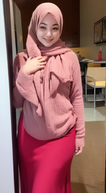 ((Best picture quality, 8K, tmasterpiece:1.3)), 1girl, Beautiful woman with slim belly:1.3, (Hijab, Big breasts don't leak:1.1), long dress:1.1, hijab,Very delicate face, Detailed eyes, 二重まぶた,ssmile,home,adorable,open lips,indonesian girl,baby face,chubby body