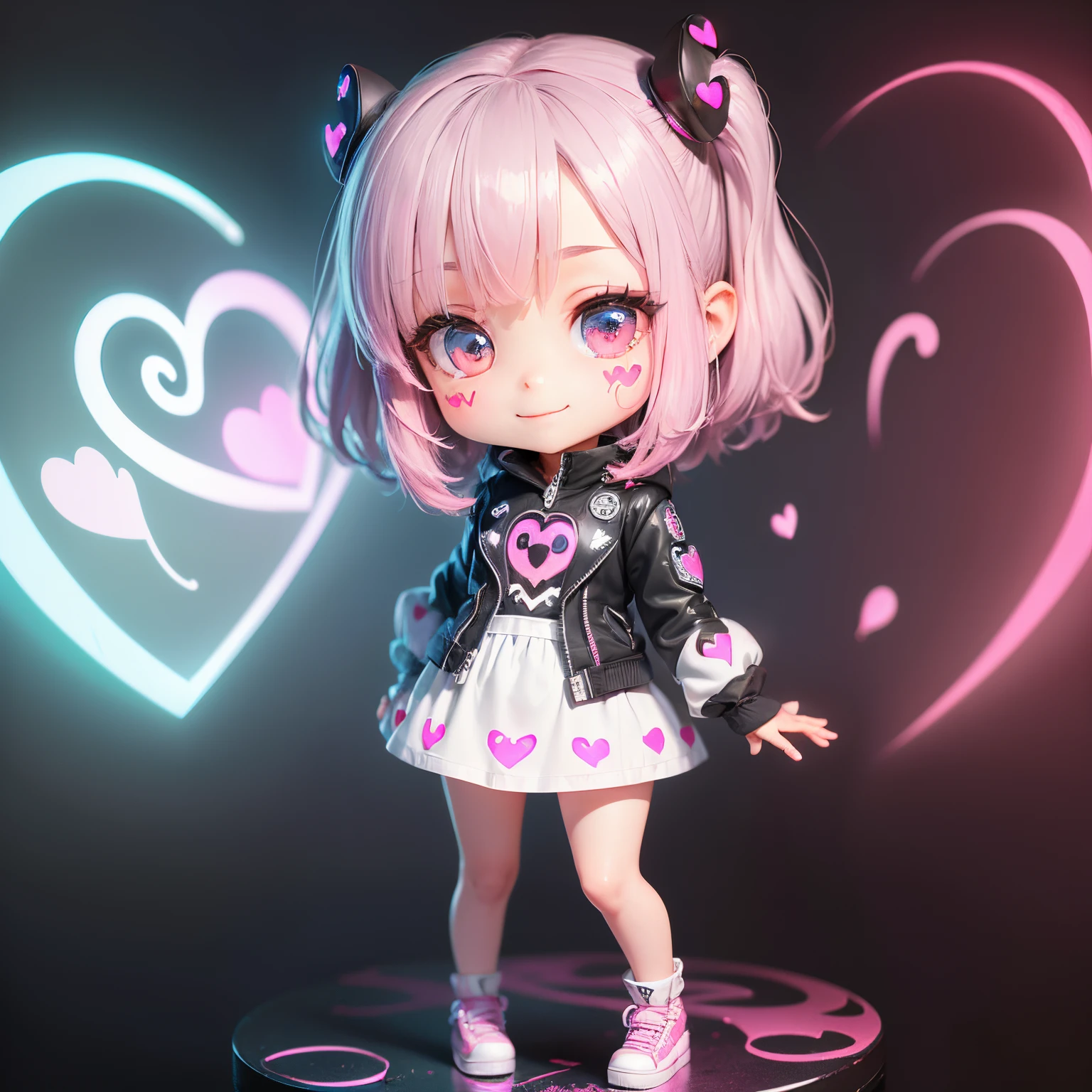 masterpiece、top-quality、ultra-detailliert、(1 chibi character girl:1.3)(realisitic、hight resolution)、Do-Up Eye、Gray Hair Bob、(The eyes are pink and have a Heart motif..:1.4) (Three-dimensional heart with glowing ink in the background:1.3)、Full-body standing figure、A smile