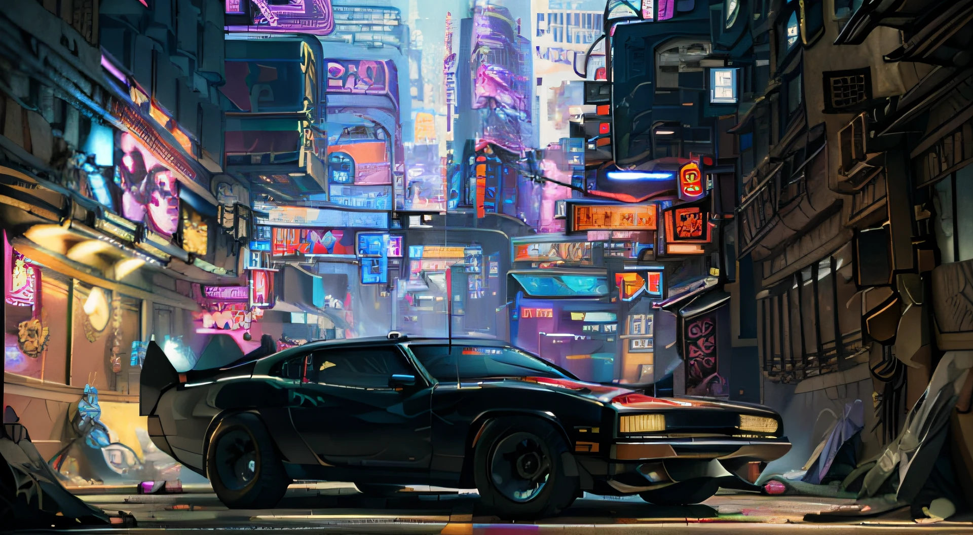 "Cyberpunk city, close up, futuristic Dodge Charger, towering buildings, vibrant neon lights, captivating holograms, a enigmatic man leaning against the Dodge Charger, adorned in a sleek black jacket, wearing an oni mask, holding a gun, with a cigarette in hand, amidst a gritty and run-down atmosphere."