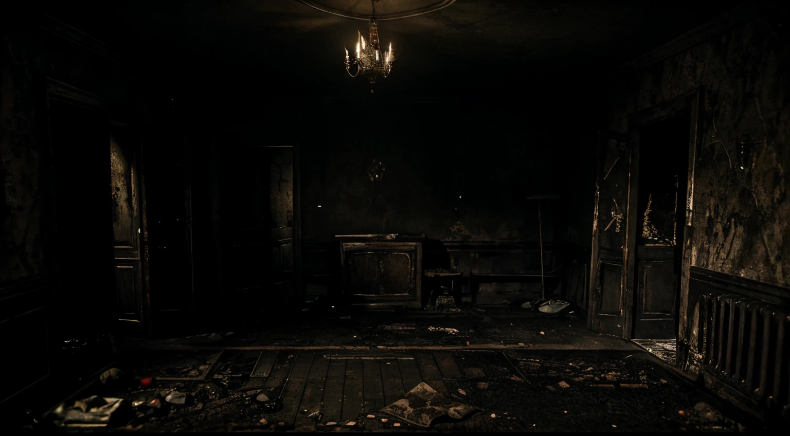 Bedroom with a dark environment, dining room with rotten food on the table, dark and macabre mansion style environment from Resident Evil and alone in the dark, post apocalyptic. Dark, night-time atmosphere, sinister Outlast and Resident Evil style horror location. No characters in the scene. Old clock.