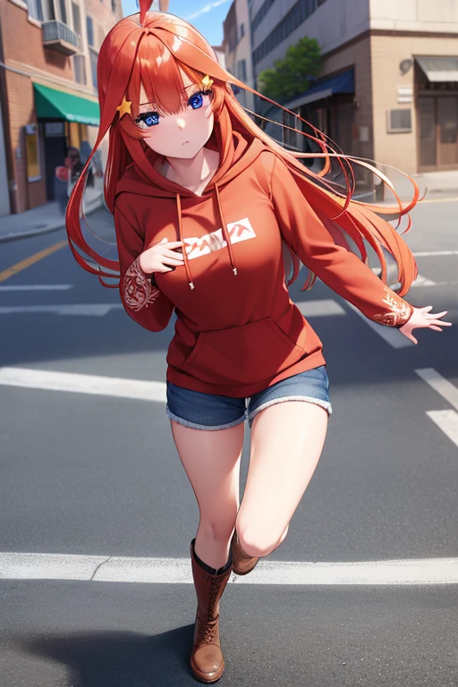 Satsuki Nakano, Itsuki Nakano, Bangs, Blue eyes, hair between eye, Ahoge, Red hair, Star \(symbol\), Hair Ornament, Star hair ornament、I'm blushing，B Leak point:1.2), Best Quality, High resolution, Unity 8k壁纸, (Illustration:0.8), (Beautiful detailed eyes:1.6), extra detailed face, Perfect Lighting, extremely details CG, (Perfect hands, Perfect Anatomy),Red hoodie(The large)，Black shorts，brown short boots，In the street，Walking