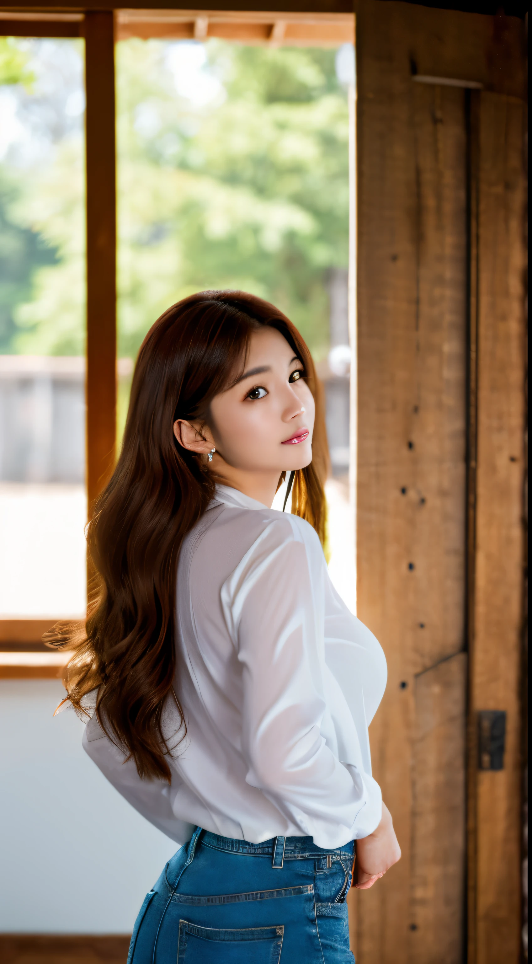 High-quality images,Sweet expression,  long chestnut hair, (8K, Raw photo, Photorealistic:1.25) ,( Shiny beautiful face, Glossy skin, Best Quality, 超A high resolution, depth of fields, chromatic abberation, Caustics, Wide light, natural shadows, Kpop Idol) Watch viewers in tranquility and goddess-like bliss, Full body, Big breasts,  See-through shirt, White shirt,Denim miniskirt,full body Esbian