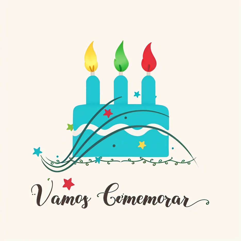 Logo of a birthday cake with three candles, in yellow, green and red flames.  rendered and vectorized.  High contrast, digital art, high resolution, detailed in white letters and black background