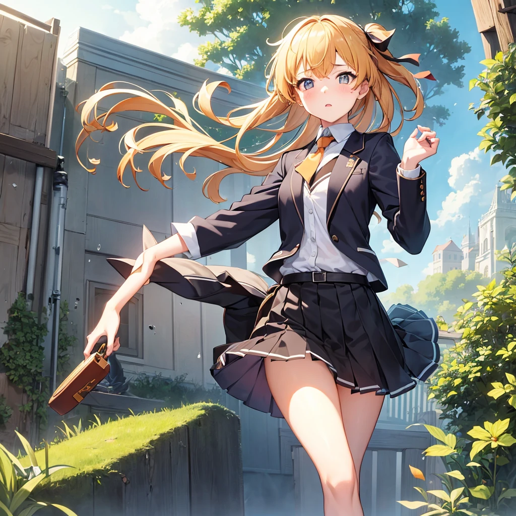 1girl in, Solo, Soft lighting, Fast execution, Blonde hair, Orange Eyes, Surprised look, (Wide open eyes), Hair Ribbon, Short hair, Brown hair, School uniform, neck tie, Belt bag, Glasses, garden, (A strong wind tears her skirt, showing underwear:1.4), (hold her skirt with her hand:1.5), (high wind effects:1.3), Camera angle looking up from below, (Pet Kittens:1.2)