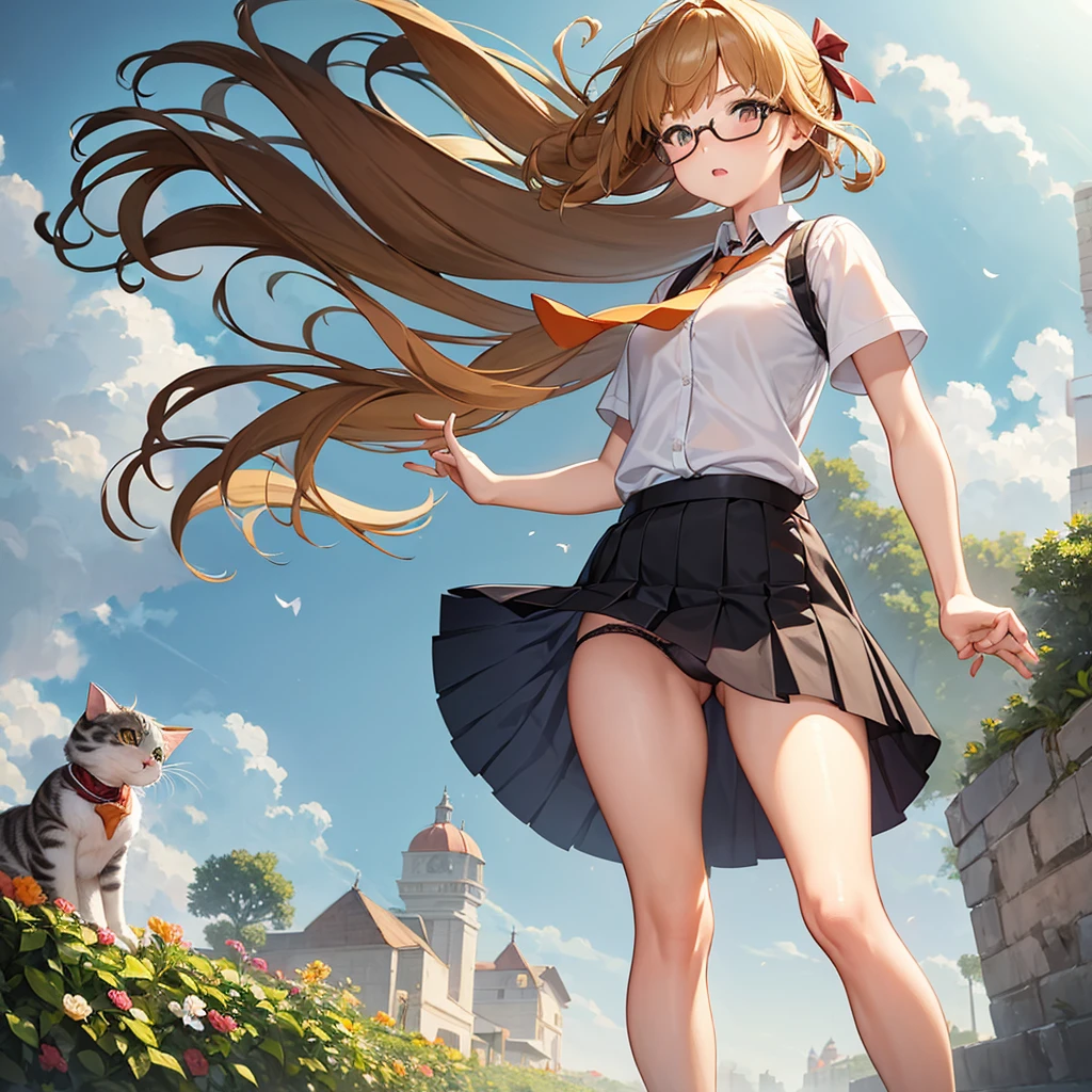 1girl in, Solo, Soft lighting, Fast execution, Blonde hair, Orange Eyes, Surprised look, (Wide open eyes), Hair Ribbon, Short hair, Brown hair, School uniform, neck tie, Belt bag, Glasses, garden, (A strong wind tears her skirt, showing underwear:1.4), (hold her skirt with her hand:1.5), (high wind effects:1.3), Camera angle looking up from below, (Pet Kittens:1.2)