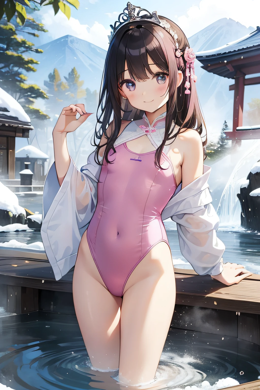 top-quality、extremely delicate and beautiful、Soio、Soio、8-year-old 、japanes、Lori、Chiquita、noble、elementary student、A dark-haired、((Pink leotard))、(highleg)、Tiara on the head、A smile、is standing、Facing the front、hot spring with snow background、Bathing