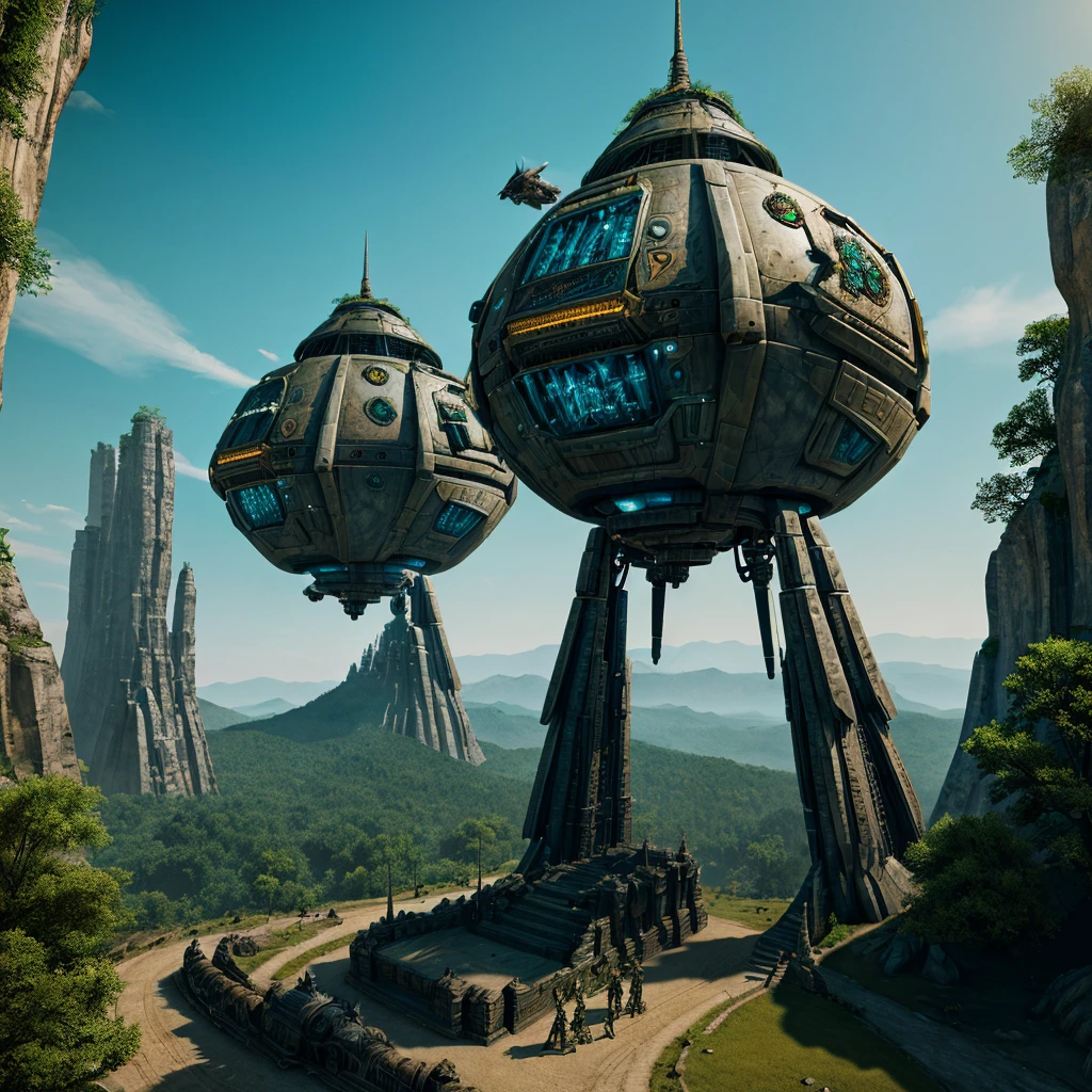 best quality,ultra-detailed,medieval sci-fi fusion,3D rendering,concept artists,portraits,detailed characters,ancient architecture,futuristic technology,mystical landscapes,epic battles,vivid colors,enchanted forests,alien creatures,magical artifacts,steampunk elements,warrior princess,hovering airships,advanced weaponry,giant mechanical dragons,mysterious ruins