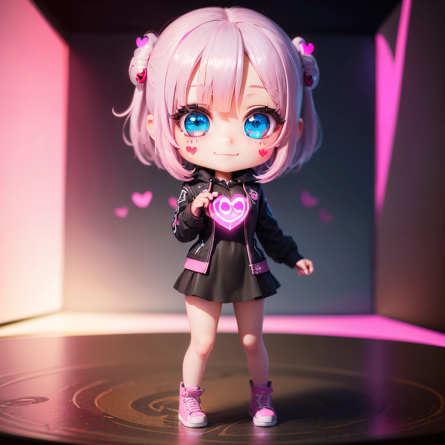 ​masterpiece、top-quality、ultra-detailliert、(1 chibi character girl:1.3)(realisitic、hight resolution)、Do-Up Eye、Gray Hair Bob、(My eyes are pink and Heart motif eyes:1.4) (Three-dimensional heart with glowing ink in the background:1.3)、Full-body standing figure、A smile