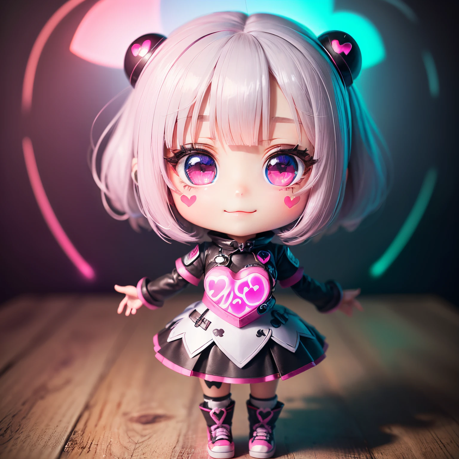 ​masterpiece、top-quality、ultra-detailliert、(1 chibi character girl:1.3)(realisitic、hight resolution)、Do-Up Eye、Gray Hair Bob、(My eyes are pink and Heart motif eyes:1.4) (Three-dimensional heart with glowing ink in the background:1.3)、Full-body standing figure、A smile