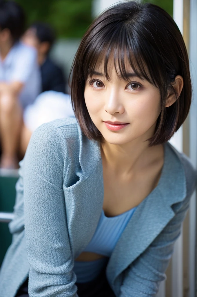 (8K、top-quality、​masterpiece:1.2)、(reallistic、Photorealsitic:1.2)（ultra-detailliert、hight resolution）(Slouched:1.3)、crouching down、(From  above:1.2)、(a closeup:1.4)、（Cut and sewn with loose chest area）Black business suit、Office Lady、Smirk,Alafed Girl, chiho, iwakura lain, closeup Iwakura Lain, With short hair, Shiori Teshirogi, Kotegawa Yui, hime-cut, She is 30 years old, sui ishida with black hair, lain iwakura, Beautiful woman - well-groomed face, Clear pubic contours,(Small breasts), hight resolution, ighly detailed, top-quality, [​masterpiece:1.6],, ighly detailed, nffsw, finely detail, top-quality, , Cinematographic lighting, 1womanl、Cute Japan Woman、perfect body type、, cute droopy eyes beautiful big eyes、Transcendent beauty　top-quality、​masterpiece、majicMIX Real、(Raw photography:1.2)、(Photorealsitic:1.4)、s Office、　Negative Prompt