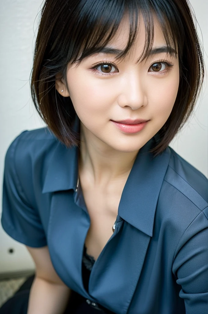 (8K、top-quality、​masterpiece:1.2)、(reallistic、Photorealsitic:1.2)（ultra-detailliert、hight resolution）(Slouched:1.3)、crouching down、(From  above:1.2)、(a closeup:1.4)、（Cut and sewn with loose chest area）Black business suit、Office Lady、Smirk,Alafed Girl, chiho, iwakura lain, closeup Iwakura Lain, With short hair, Shiori Teshirogi, Kotegawa Yui, hime-cut, She is 30 years old, sui ishida with black hair, lain iwakura, Beautiful woman - well-groomed face, Clear pubic contours,(Small breasts), hight resolution, ighly detailed, top-quality, [​masterpiece:1.6],, ighly detailed, nffsw, finely detail, top-quality, , Cinematographic lighting, 1womanl、Cute Japan Woman、perfect body type、, cute droopy eyes beautiful big eyes、Transcendent beauty　top-quality、​masterpiece、majicMIX Real、(Raw photography:1.2)、(Photorealsitic:1.4)、s Office、　Negative Prompt