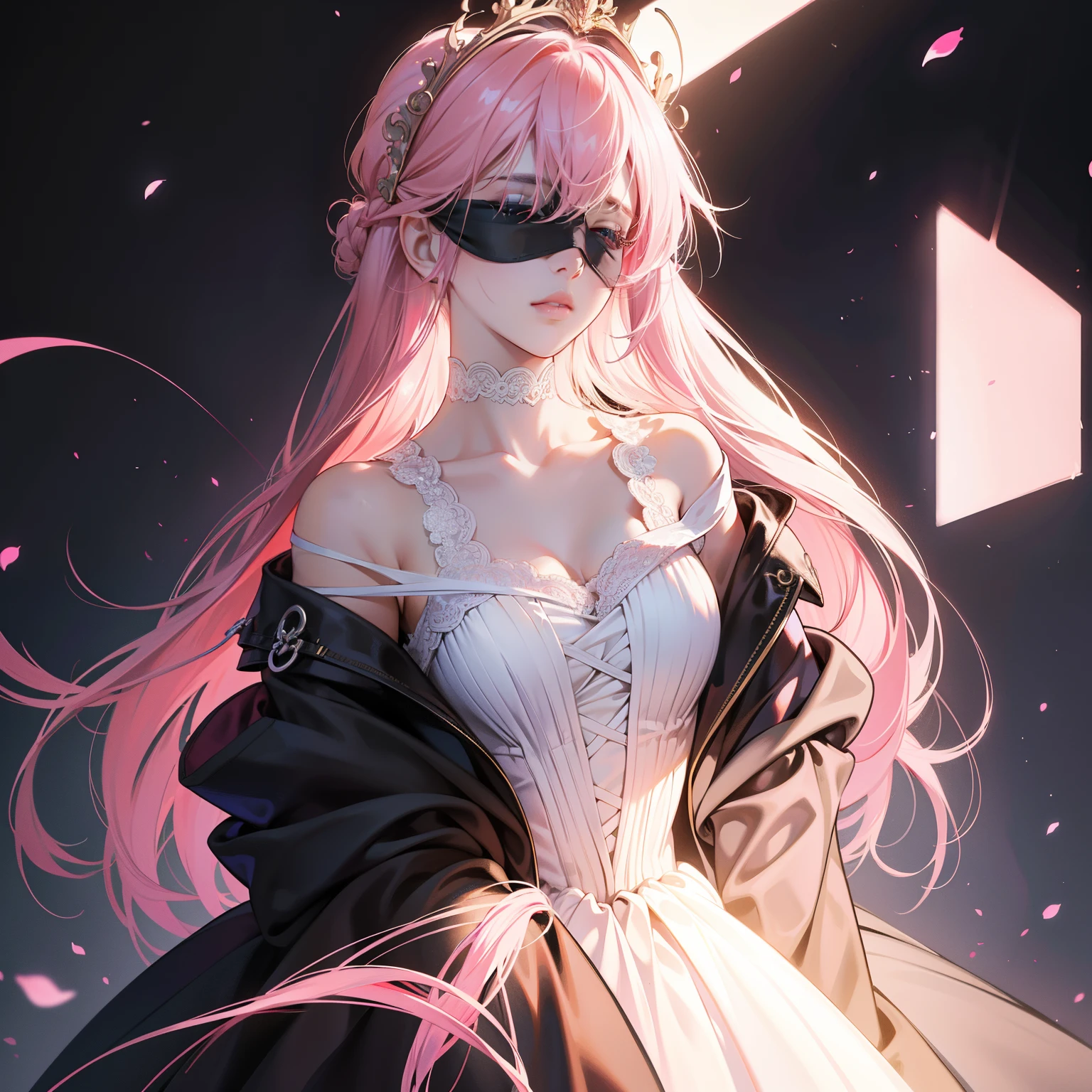 Masterpiece, high quality, best quality, HD, realistic, perfect lighting, detailed body, 1 woman, white blindfold, pink hair, glowing, black princess dress, white hacker background.