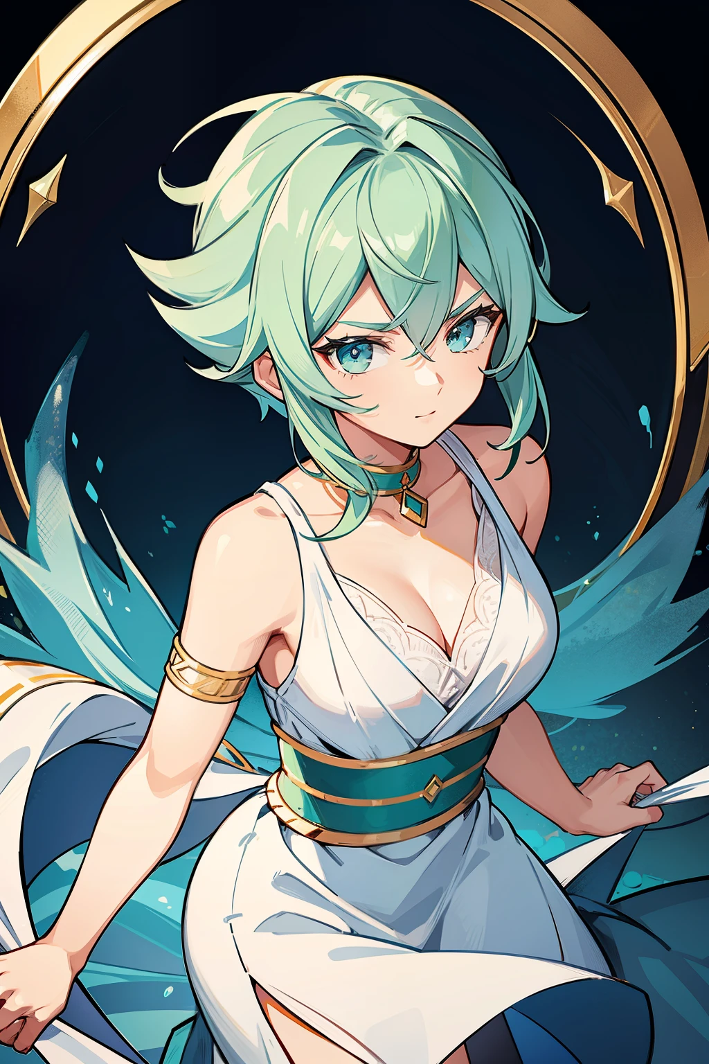 (high-quality, breathtaking),(expressive eyes, perfect face) 1girl, female, solo, young adult , light blue hair, green coloured eyes, stylised hair, gentle smile, short length hair, loose hair, side bangs, curley hair, really spiky hair, fluffy hair, looking at viewer, portrait, ancient greek clothes, blue tunic, white Chlamys, white and blue dress, sleeveless dress, greek, blue and gold sash, ocean background, gold leaf laurel on left and right side of hair, C cup size breasts, gold arm band on left arm