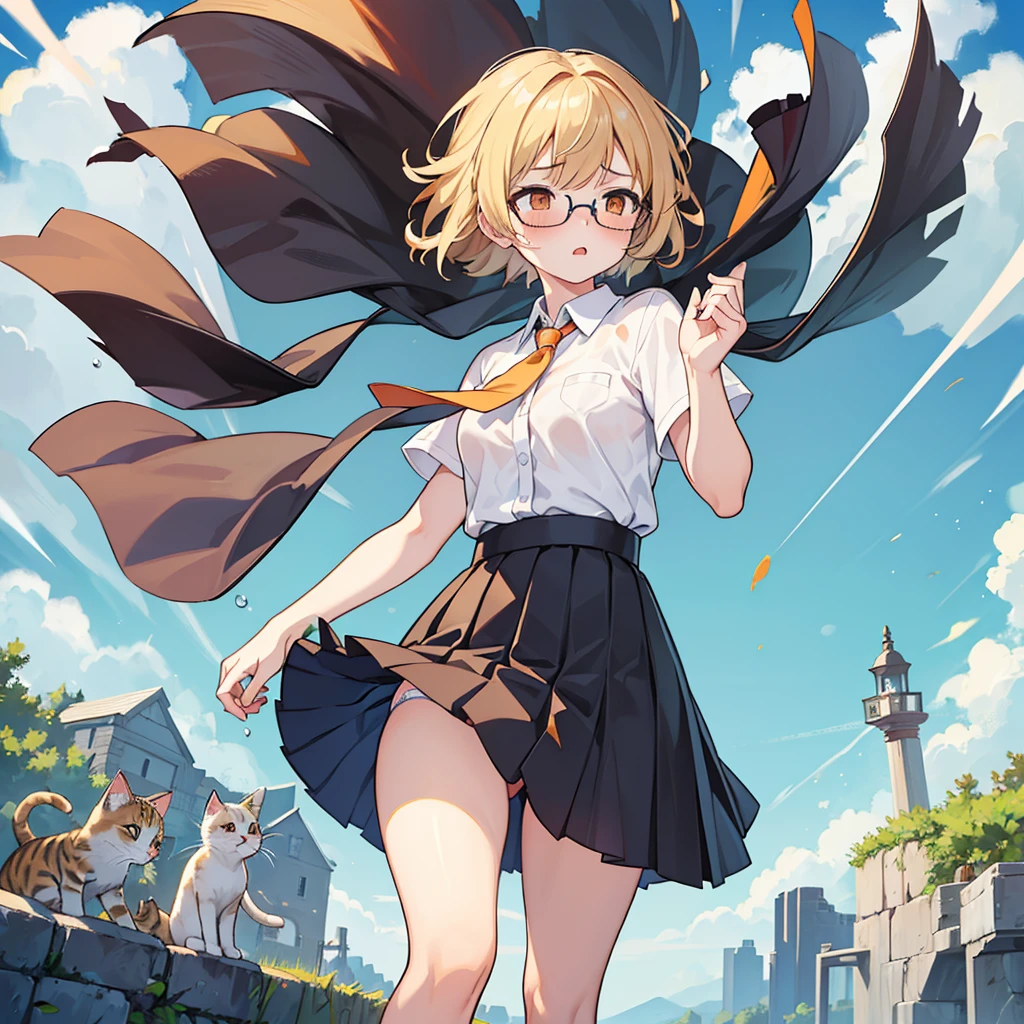 1girl in, Solo, Soft lighting, Fast execution, Blonde hair, Orange Eyes, Surprised look, (Wide open eyes), Hair Ribbon, Short hair, Brown hair, School uniform, neck tie, Belt bag, Glasses, garden, (A strong wind tears her skirt, showing underwear:1.4), (hold her skirt with her hand:1.5), (high wind effects:1.3), Camera angle looking up from below, (Pet Kittens:1.2)