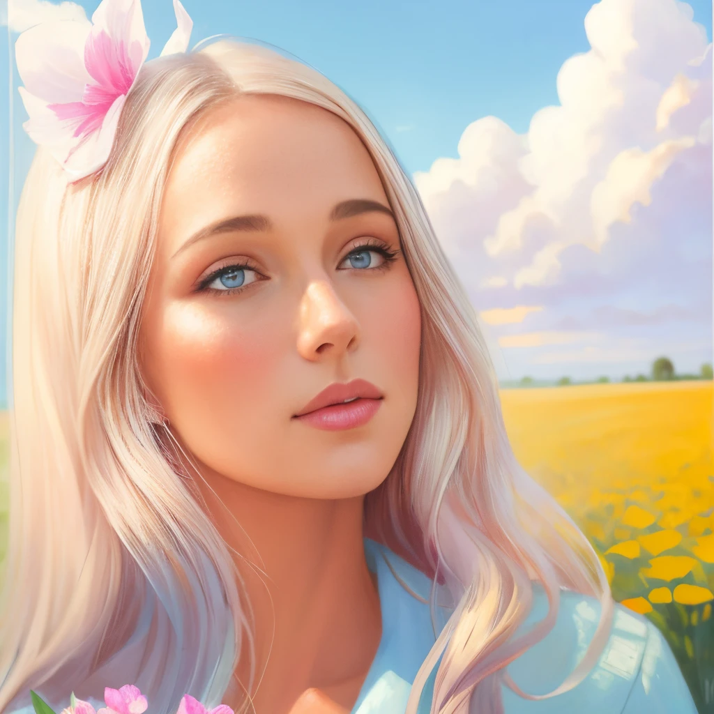 Painting of a blue-eyed woman in a field with birds flying overhead,Human hand, very clear without flaws with five fingersAuthor: rhads, inspired by Rads, rhads and lois van baarle, rhads!!!, Concept art | rhads, rhads!, WLOP and Rads, rob rey, Girl dancing on a flower field, Rads watercolor, Girl walking through a field of flowers