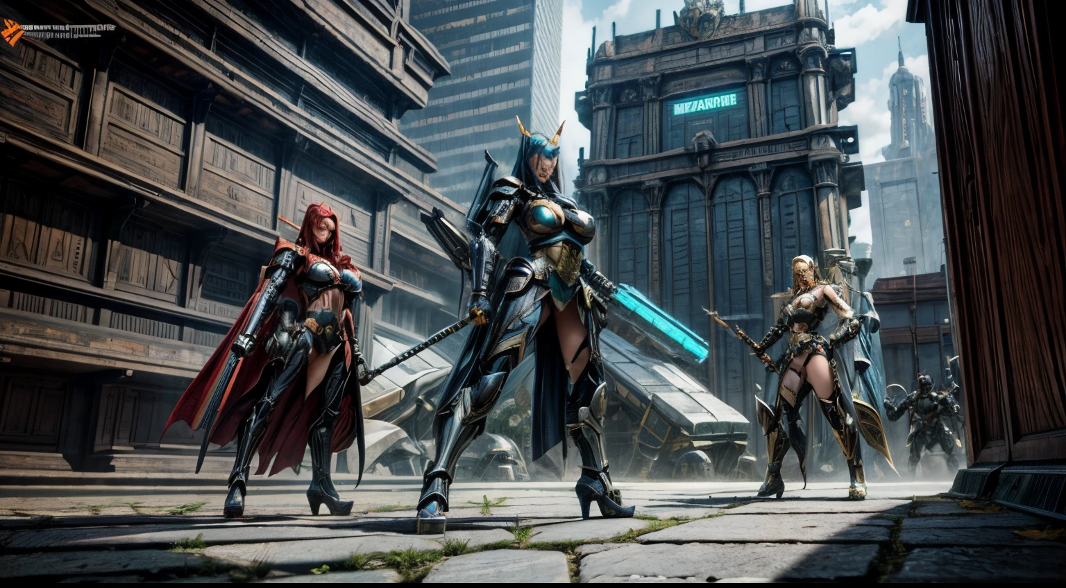 medieval Amazons are standing in a futuristic city with robots, full body shot, giga_busty