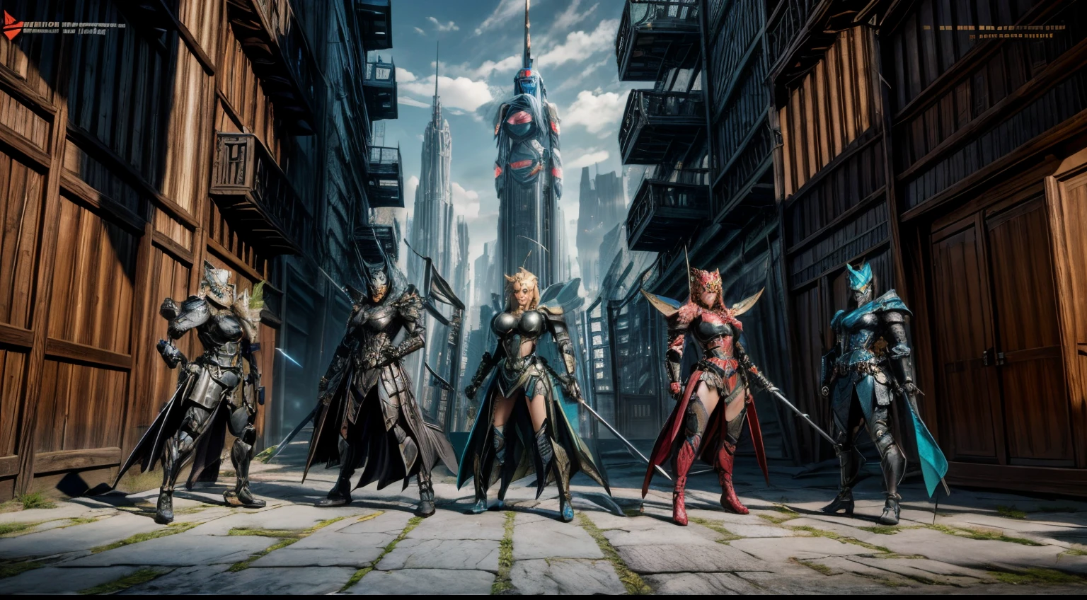 medieval Amazons are standing in a futuristic city with robots, full body shot, giga_busty