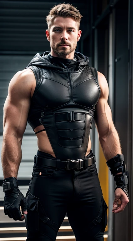 Slade Wilson , Black hair, military cut, blue eyes, affiliated features, , muscular build, wide shoulders, v-shaped body, hairless easy, hairless
