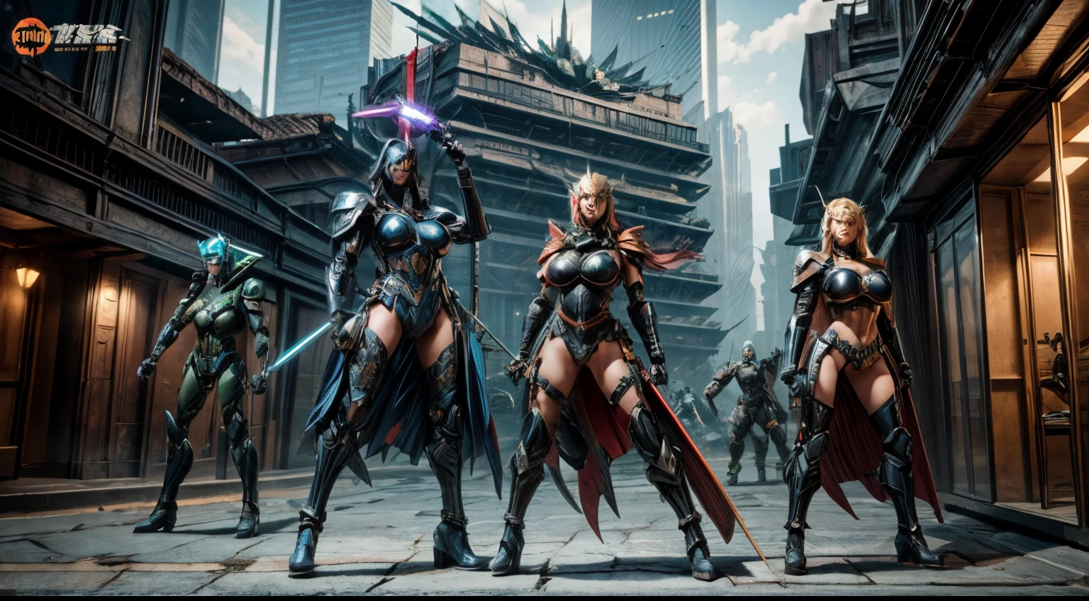 medieval Amazons are standing in a futuristic city with robots, full body shot, giga_busty