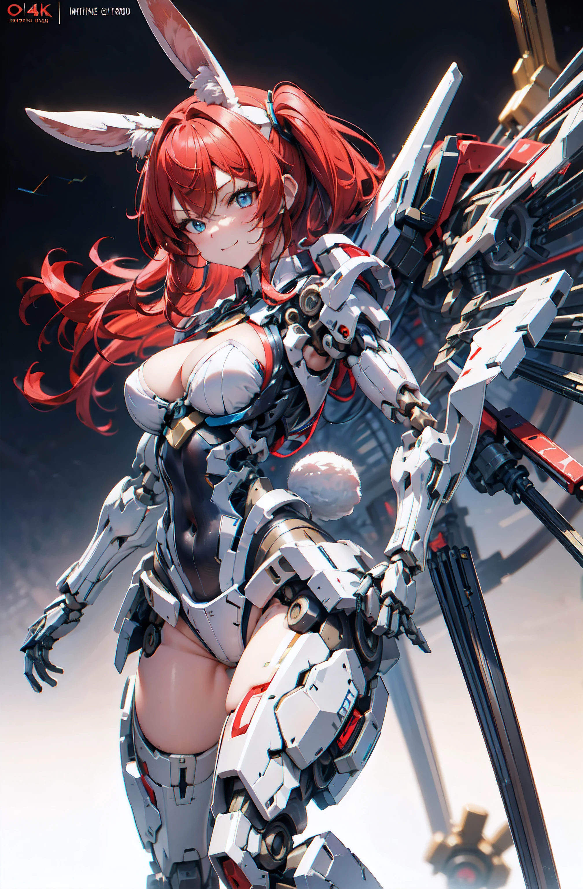 (Naked cleavage), 机器人, Masterpiece face, A smile,Masterpiece Emine machine body), (Mechanical joints, Mechanical skeleton and artificial muscles:1.3), Mechanical Skin, Revealing the internal structure of the Flanker machine:1.2), (Red long hair), (Mechanical leotard), Rabbit ears, Rabbit tail, cowboys_shot, Side Focus, shiny, cyberpunked, masutepiece, Best Quality, Capture super cute moments, depth of fields, ultra-detailliert, 超A high resolution, C4D, Octadale, 3D Modeling, 8K, 16 K,