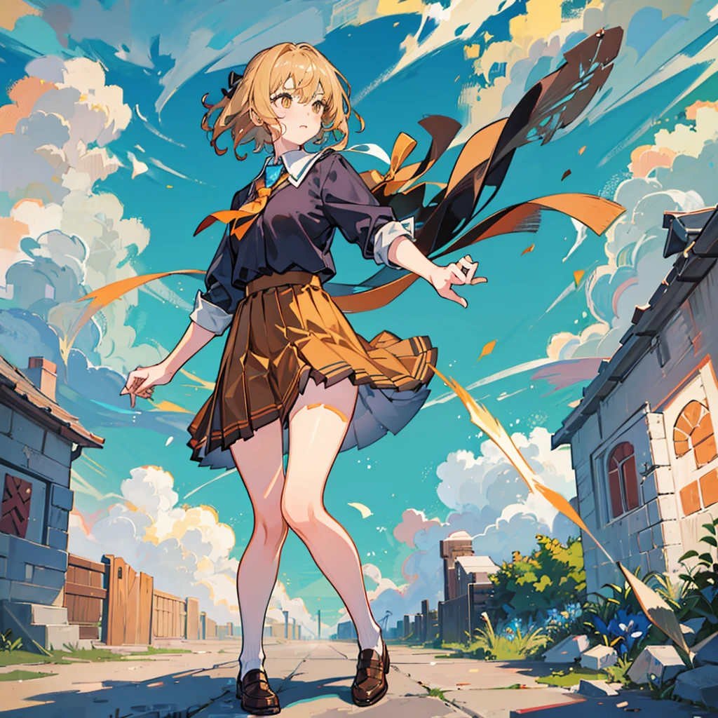 1girl in, Solo, Soft lighting, Fast execution, Blonde hair, Orange Eyes, Surprised look, (Wide open eyes), Hair Ribbon, Short hair, Brown hair, School uniform, neck tie, Belt bag, Glasses, garden, (A strong wind tears her skirt, showing underwear:1.4), (hold her skirt with her hand:1.5), (high wind effects:1.3), Camera angle looking up from below, (Pet Kittens:1.2)