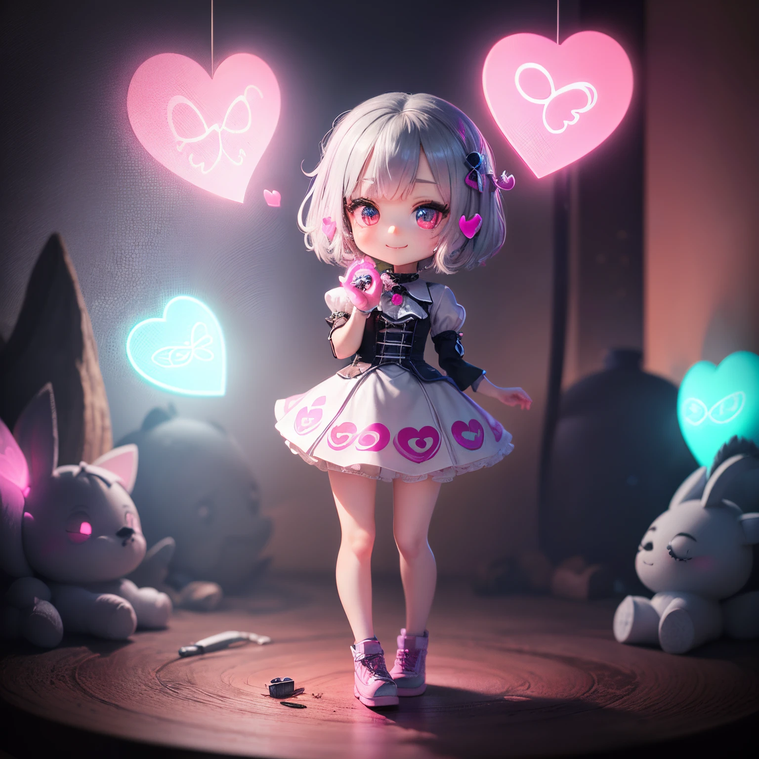 ​masterpiece、top-quality、ultra-detailliert、(1 chibi character girl:1.3)(realisitic、hight resolution)、Do-Up Eye、Gray Hair Bob、(My eyes are pink with a heart motif.:1.4) (Three-dimensional heart with glowing ink in the background:1.3)、Full-body standing figure、A smile.Fairytale Forest