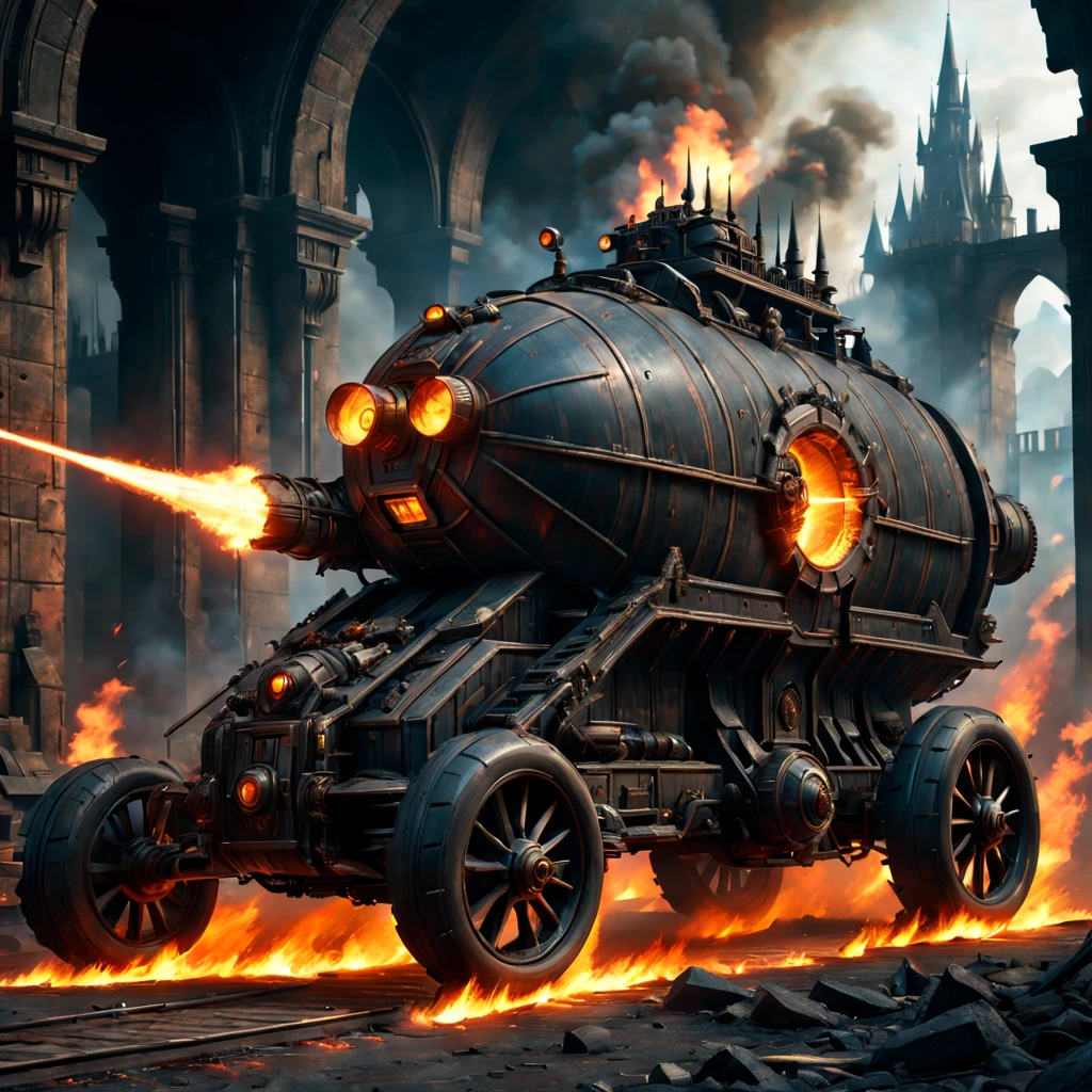 Medieval Sci-Fi Laser Chariot,Wooden surface,Huge wheels,Steam-powered engines,Soot effect,Castle in ruinortress wall,dark palette、动态照明、ray cannon、advanced technologieysterious Energy、flames and sparks、Vivid colors、A post-apocalyptic wasteland、Creative vehicle design、Magnificent war machine、Advanced weapons、light penetrates darkness,intergalactic war zone、extraordinary battle、An epic clash of forces、Compelling world-building