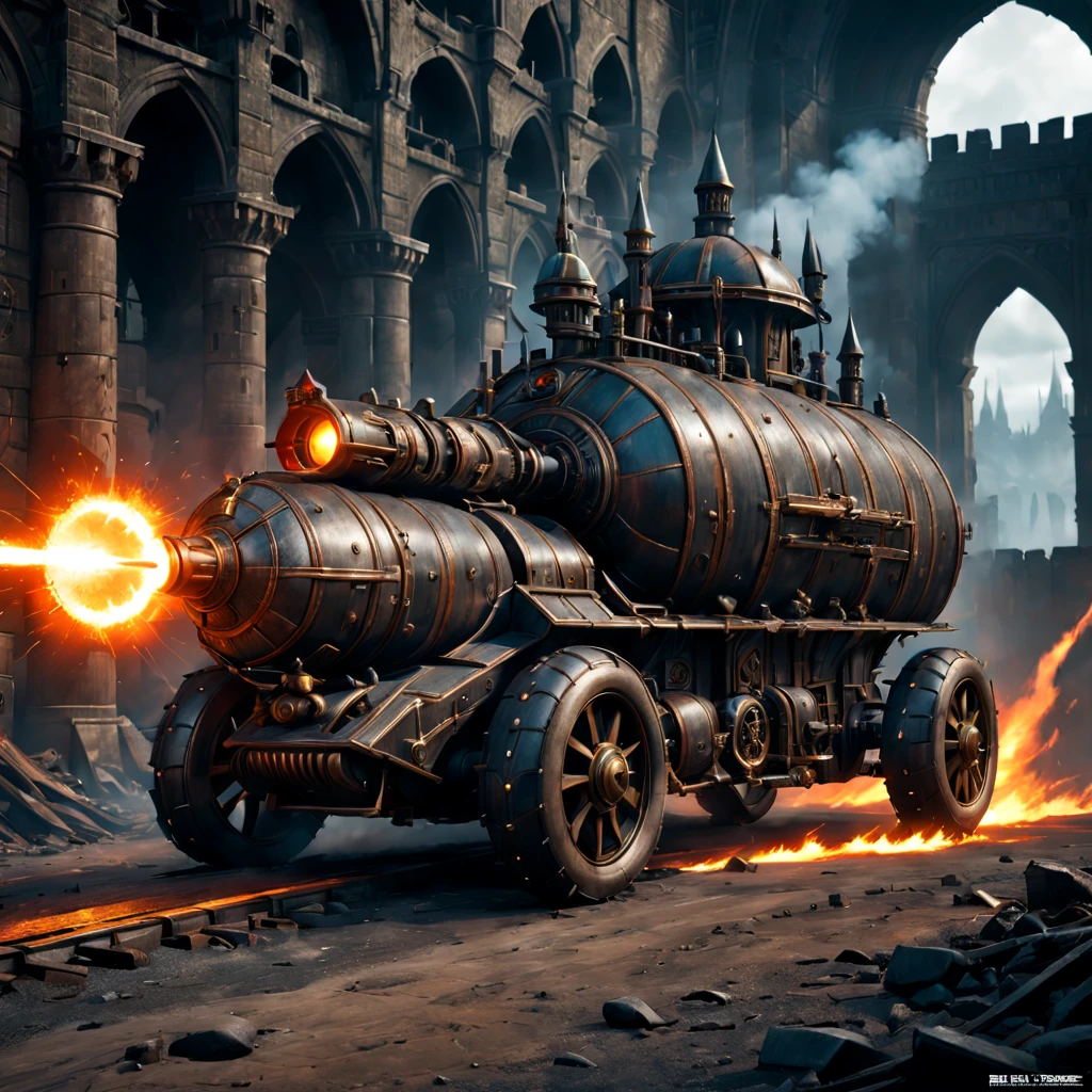 Medieval Sci-Fi Laser Chariot,Wooden surface,Huge wheels,Steam-powered engines,Soot effect,Castle in ruinortress wall,dark palette、动态照明、ray cannon、advanced technologieysterious Energy、flames and sparks、Vivid colors、A post-apocalyptic wasteland、Creative vehicle design、Magnificent war machine、Advanced weapons、light penetrates darkness,intergalactic war zone、extraordinary battle、An epic clash of forces、Compelling world-building