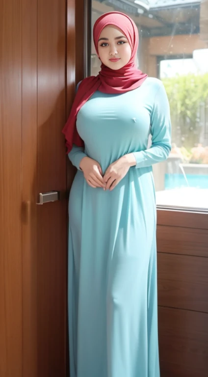 ((Best picture quality, 8K, tmasterpiece:1.3)), 1girl, Beautiful woman with slim belly:1.3, (Hijab, Big breasts don't leak:1.1), long dress:1.1, hijab,Very delicate face, Detailed eyes, 二重まぶた,ssmile,home,adorable,open lips,indonesian girl,,chubby body
