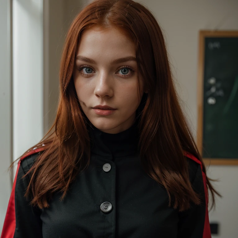 Caucasian red hair mid 20s girl, fit, staring at the viewer, fit realistic at school somewhere in Eastern Europe, glowing hazel greenish eyes, intense, blood red and black uniform, solodramatic lightinasterpiece:1.2), best quality, high resolution, beautiful detailed, extremely detailed, perfect lighting,