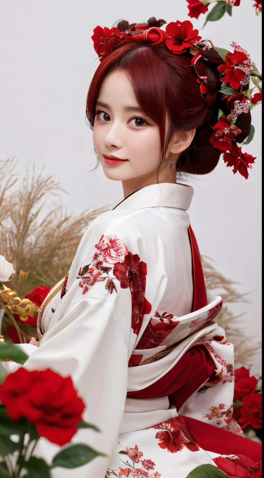 Nice Image,fullbody image,(masutepiece), (Photo:1.0), 1girl in, Details of an actress wearing a kimono with red flowers on a white background,Details of face, In a surreal landscape, Movie style，Ponytail, Maroon hair, Komono,Full body high-definition painting