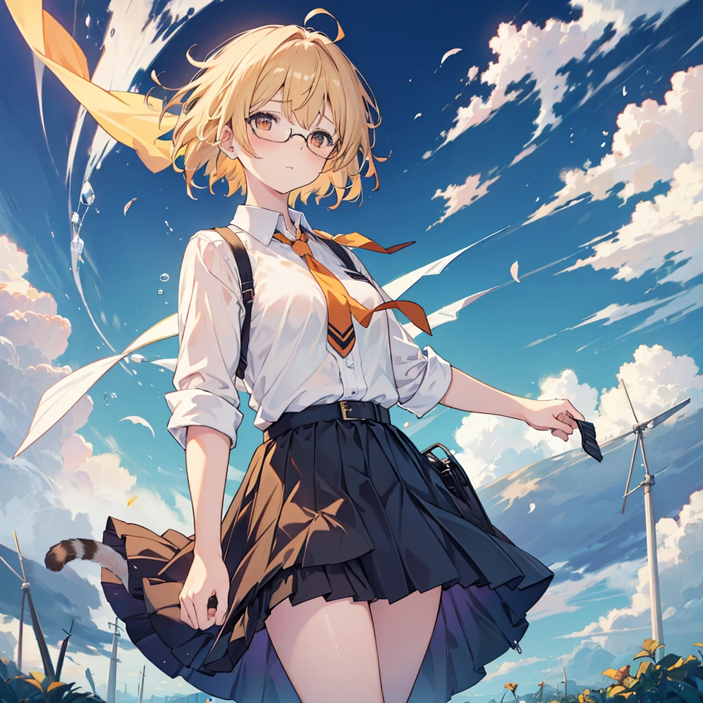 1girl in, Solo, Soft lighting, Fast execution, Blonde hair, Orange Eyes, Surprised look, (Wide open eyes), Hair Ribbon, Short hair, Brown hair, School uniform, neck tie, Belt bag, Glasses, garden, (A strong wind tears her skirt, showing underwear:1.4), (hold her skirt with her hand:1.5), (high wind effects:1.3), Camera angle looking up from below, (Pet Kittens:1.2)