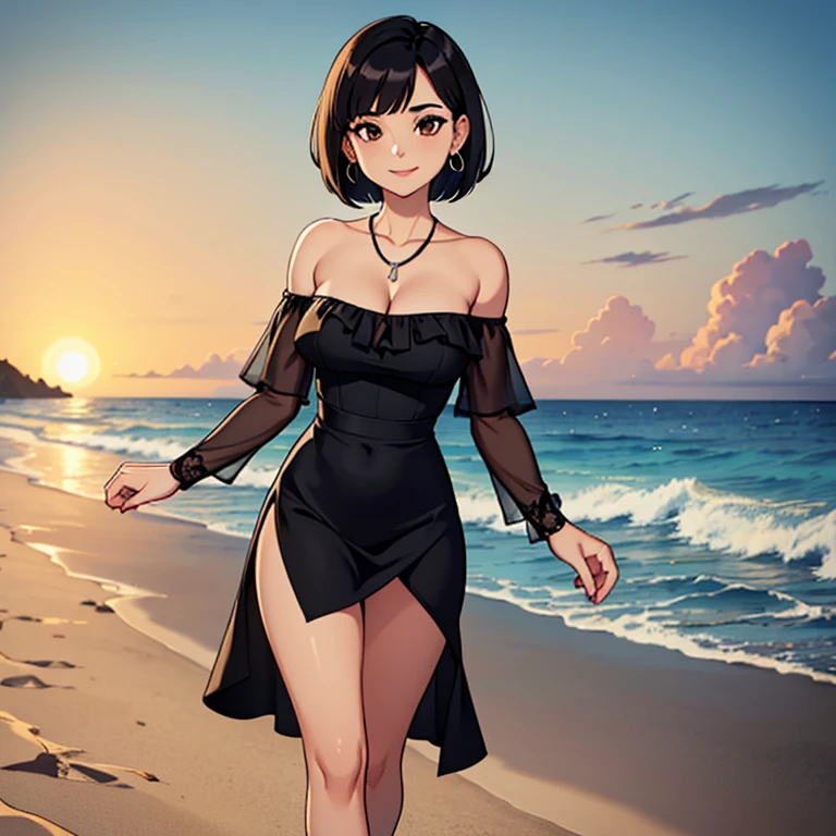 Best quality, Beautiful lighting, medium breasts, cleavage, Black hair, Short Hair, Bob Hair, 1 Girl, Solo, Earrings, Brown eyes, lace off-the-shoulder top, Off-the-shoulder attire: 1.4, black dress, Smile, collarbone, necklace, Bare shoulders, bare feet, walking, (complex detailed background, beach, ocean)