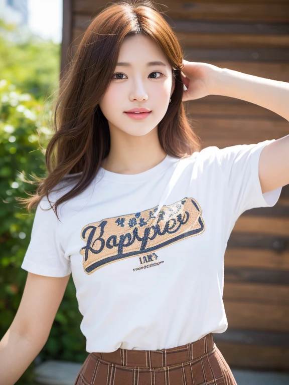 masutepiece, Best Quality, Ultra-detailed, finely detail, hight resolution, in 8K, ((Photorealsitic:1.4, Raw photography, 超A high resolution,Top image quality: 1.4)), Wallpaper, ((Perfect whole body configuration1.5)), Beautiful detailed eyes, Natural Color Lip Perfect dynamic composition,upper body shot ,20 years old Japanese idol, hand on the head,looking at viewer, Shibuya,sunny,morning, medium hair,brown hair,t-shirt,skirt,goddess-like happiness