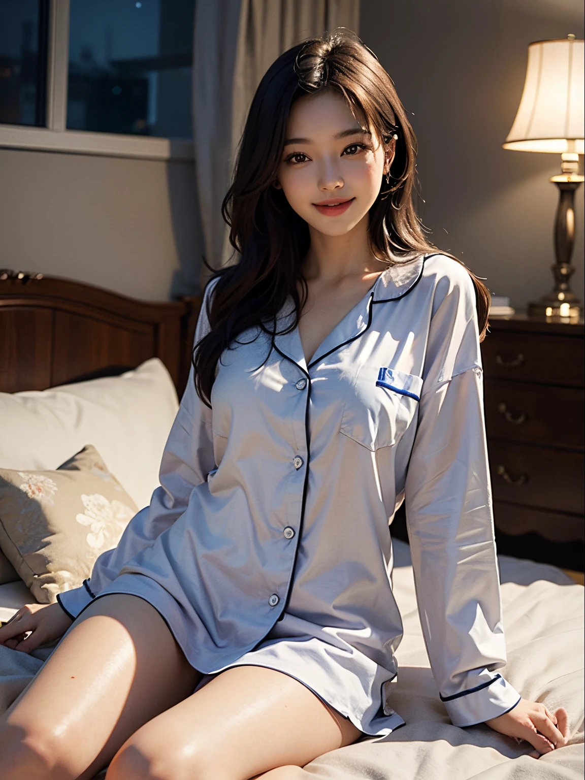 hightquality、​masterpiece、ultra res、a beauty girl、Beautiful girl face、cute girl face、s Pajamas、wearing pajamas、full bodyesbian、Famous actresses of Japan、very beautiful face