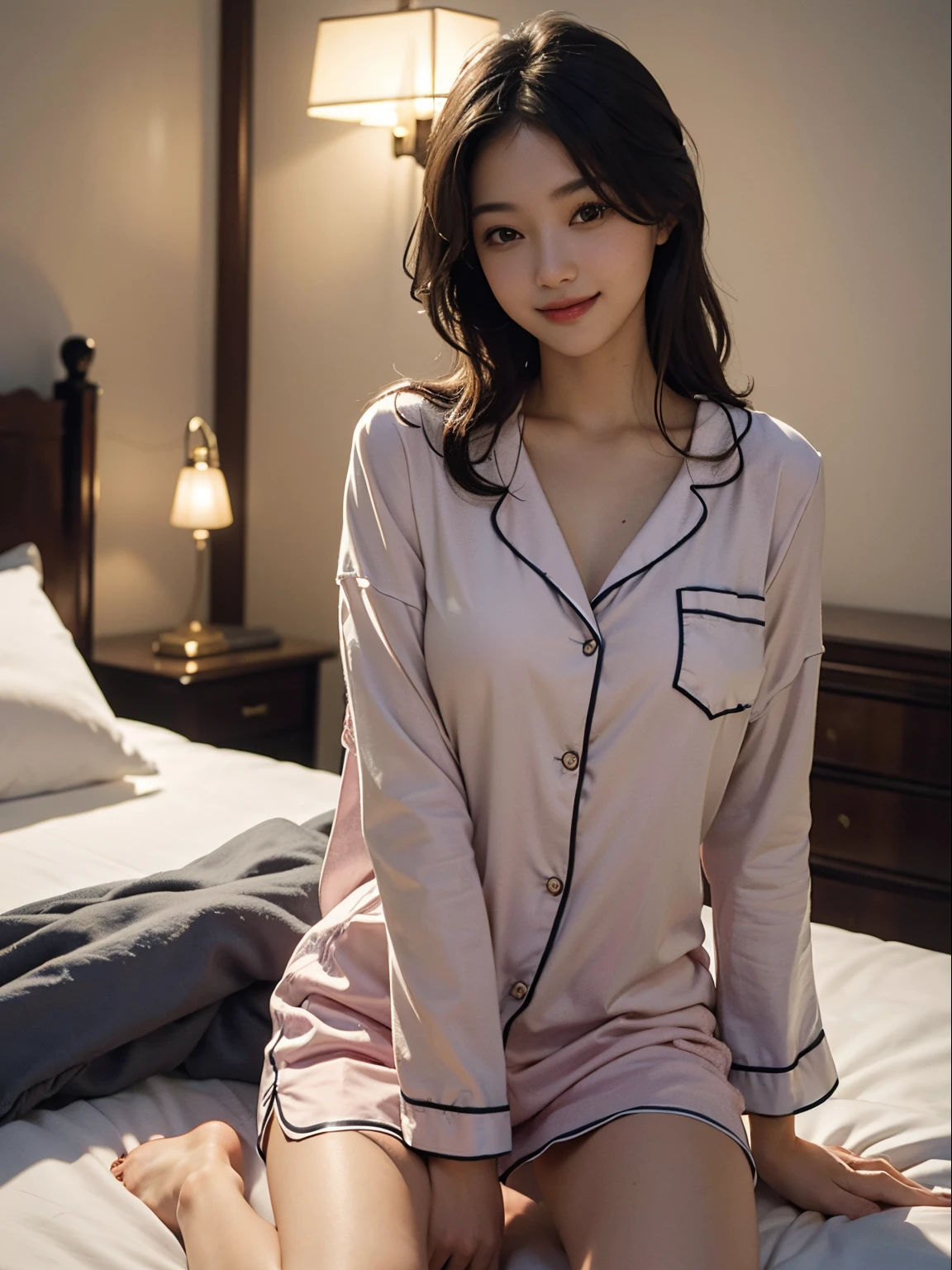 best quality, masterpiece, ultra high res, photorealistic, 1girl, smile, sexy pajama, on the bed, night time