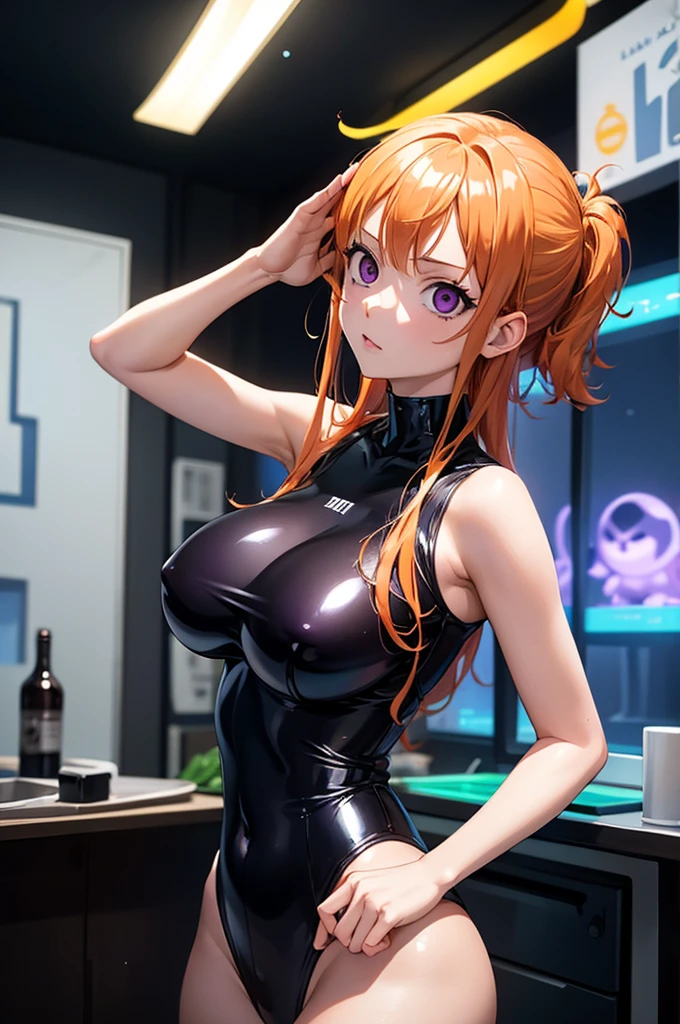 {1girl in},{{{{{masutepiece++, Best Quality++, Ultra-detailed+, 超A high resolution,(Photorealistic:1.4),Raw photo,(Nami)+,(Nami)+,(One Piece NAMI)+,(Onepiece),Orange hair, Girl in black latex full body suit,very aesthetic, Best Quality, absurderes, 1girl in, Brainwashed,}}}}}, ((purple glowing eyes 1.2)), (huge-breasted:1.2)deadpan, laboratory, Darkness Room, (Neon light:1.2), (Night:1.5), stand up and salute