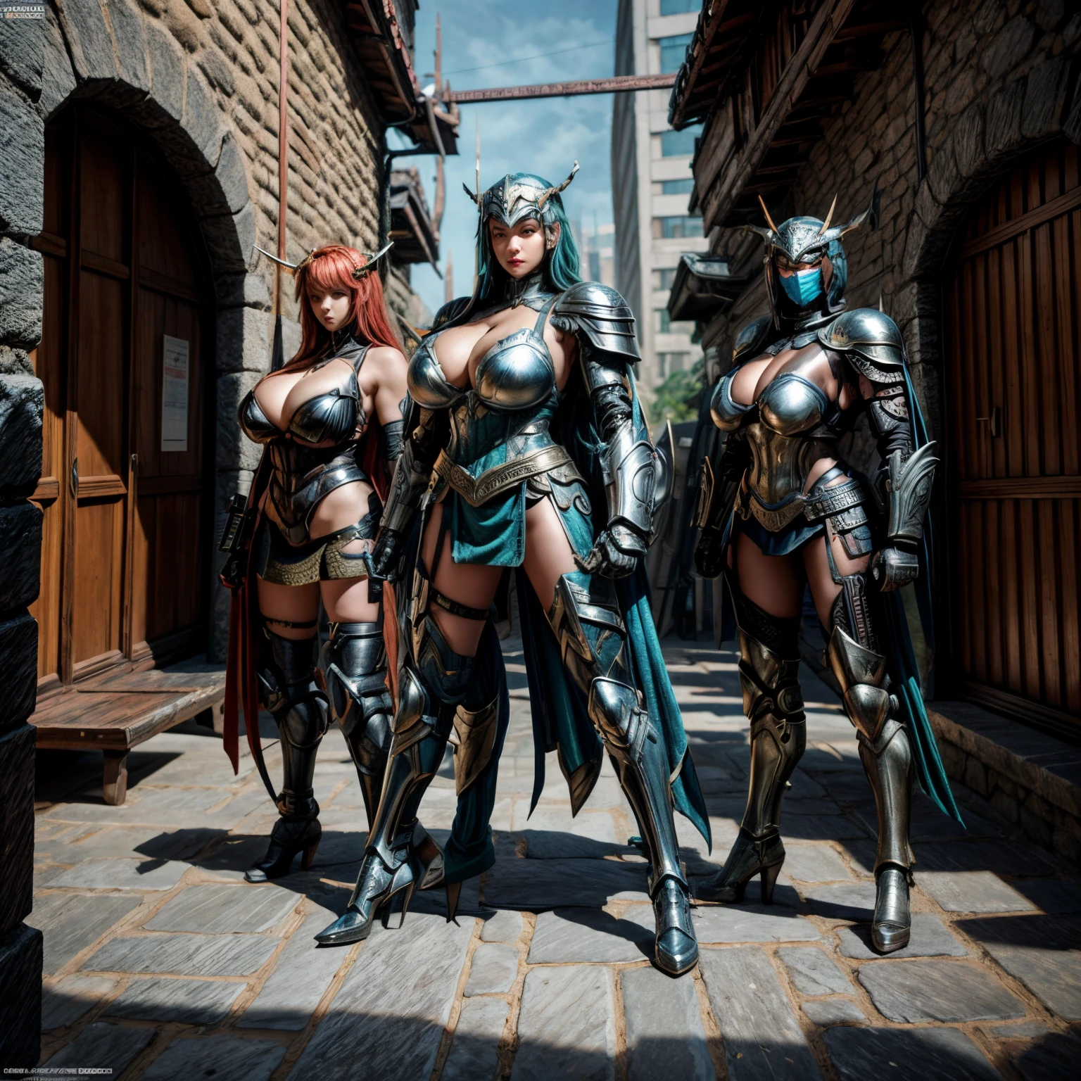 medieval Amazons are standing in a futuristic city with robots, full body shot, giga_busty